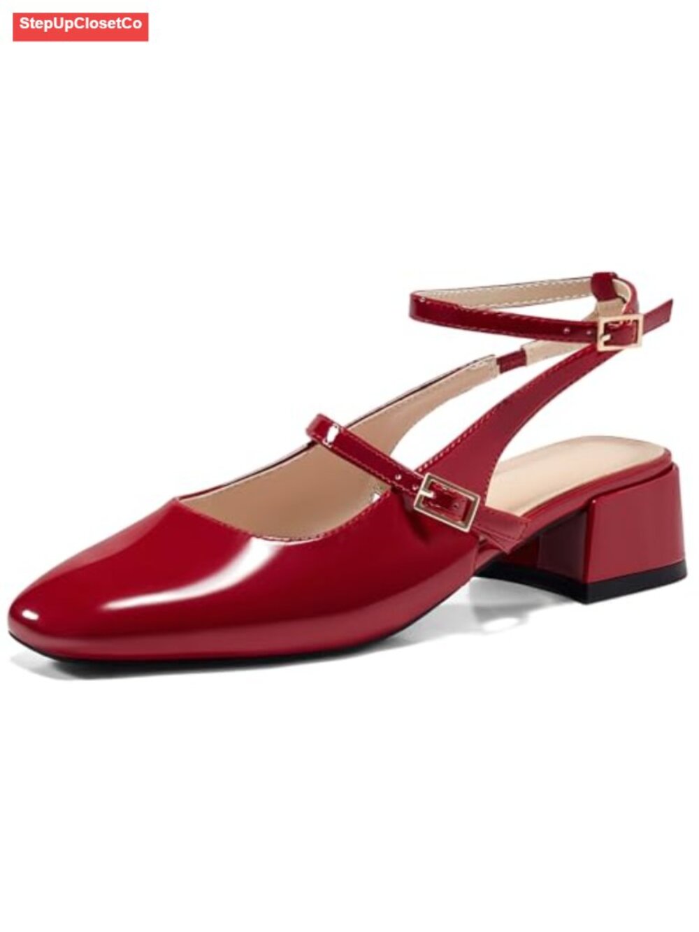 Women's Mary Jane Chunky Low Heels Square Toe Ankle Strap Dress Pumps Faux